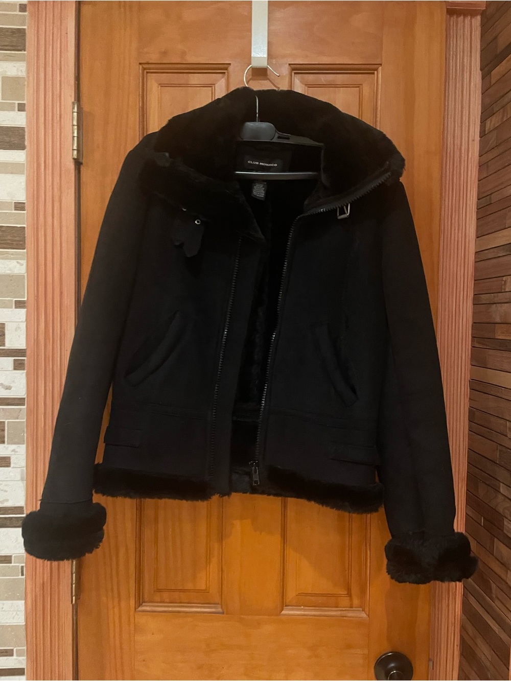 Club Monaco Black Bomber Jacket with Faux-Fur Trim